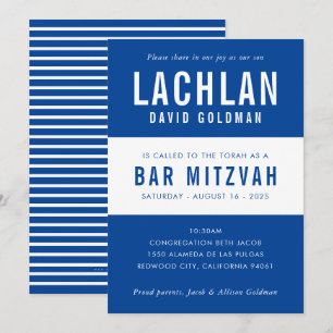 Invitation BAR MITZVAH moderne minima typographie bleu blanc