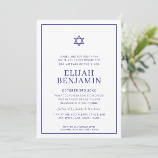 Invitation BAR MITZVAH moderne minimal étoile bordure bleu ro