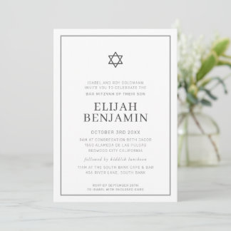 Invitation BAR MITZVAH moderne minimal étoile bordure gris bl