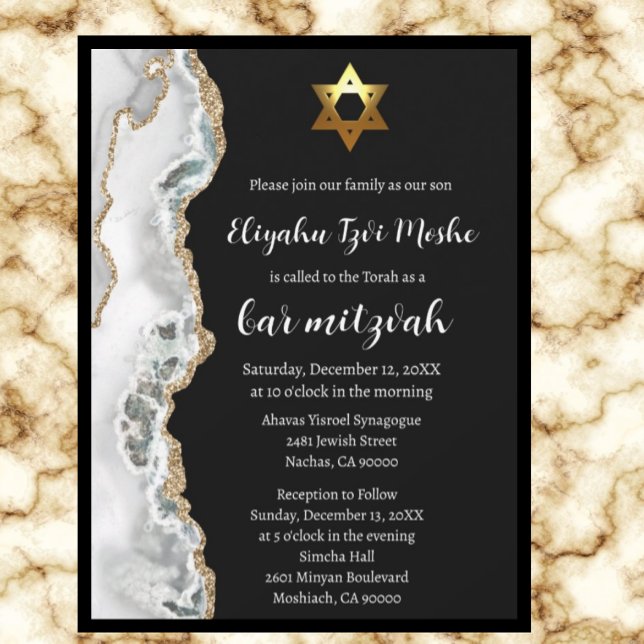 Invitation Bar Mitzvah Moderne Noir Blanc et Or (Créateur téléchargé)