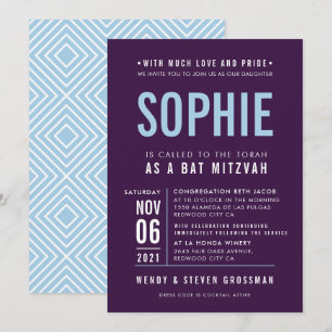 Invitation BAR MITZVAH moderne type bloc aubergine pâle bleu 