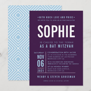 Invitation BAR MITZVAH moderne type bloc aubergine pâle bleu