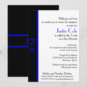 Invitation Bar Mitzvah Monogramme Bleu Noir