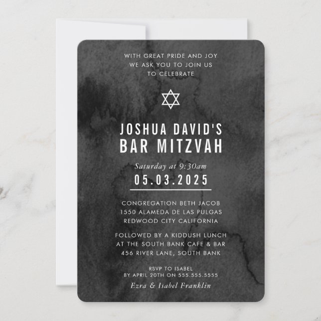 Invitation BAR MITZVAH moody moderne moody noir aquarelle (Devant)