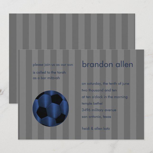 Invitation Bar Mitzvah Navy Blue et Black Soccer Ball (Devant / Derrière)