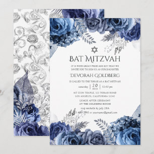 Invitation Bar Mitzvah Navy et Blanc avec motifs floraux en f