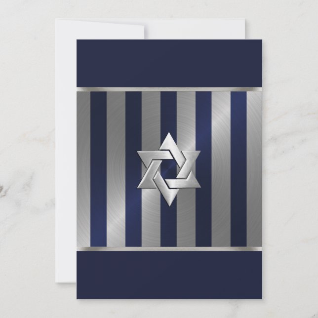 Invitation Bar Mitzvah Navy et Silver Stripe Star de David (Devant)