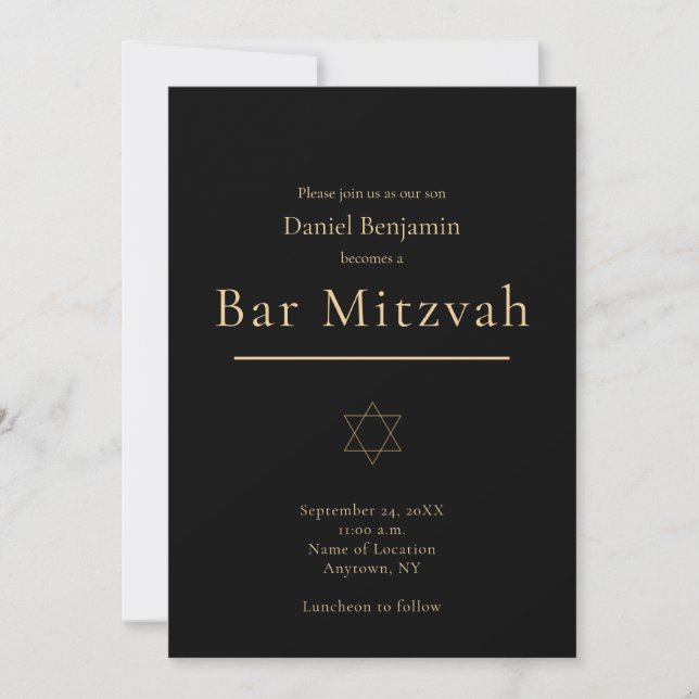 Invitation Bar Mitzvah noir or élégant moderne (Devant)