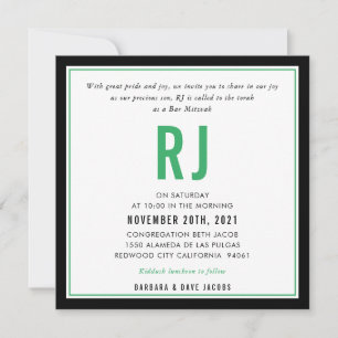 Invitation BAR MITZVAH nom moderne black kelly vert