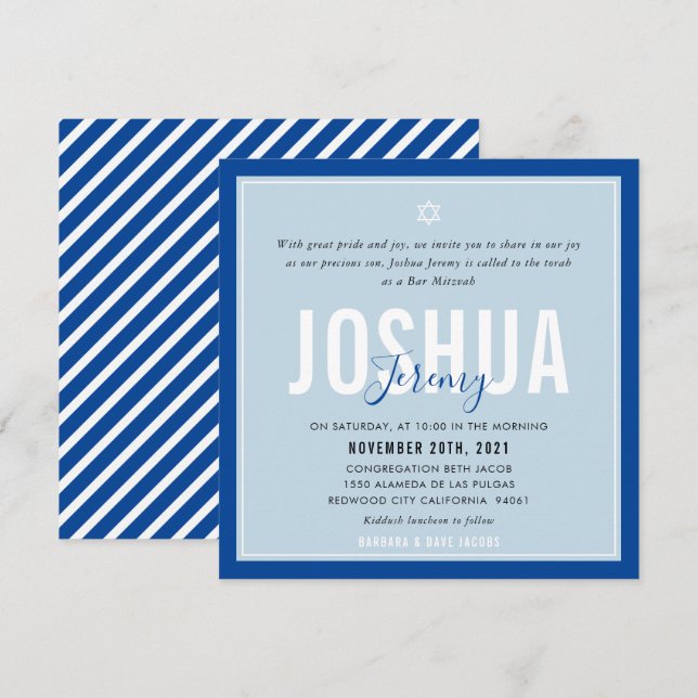 Invitation BAR MITZVAH nom moderne canard oeuf bleu royal (Devant / Derrière)