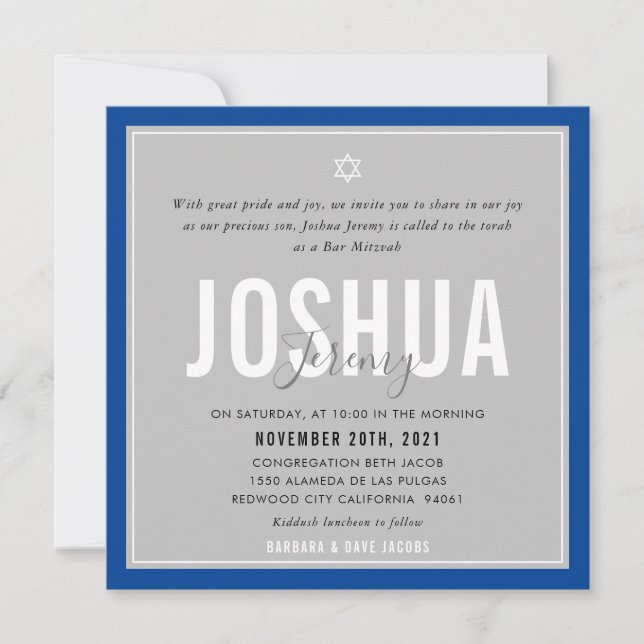 Invitation BAR MITZVAH nom moderne gris bleu royal (Devant)