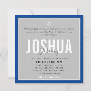 Invitation BAR MITZVAH nom moderne gris bleu royal