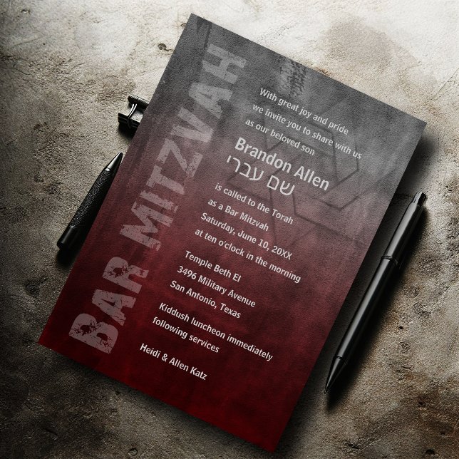 Invitation Bar Mitzvah Ombre Grunge Rouge (Créateur téléchargé)