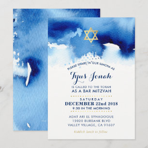 Invitation BAR MITZVAH or étoile stylisée bleu aquarelle TYUS