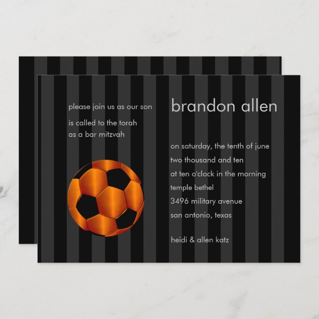 Invitation Bar Mitzvah Orange et Black Soccer Ball (Devant / Derrière)