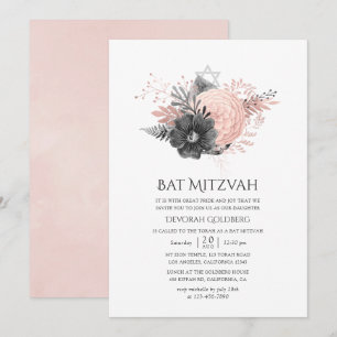 Invitation Bar Mitzvah pastel rose et floral charbon