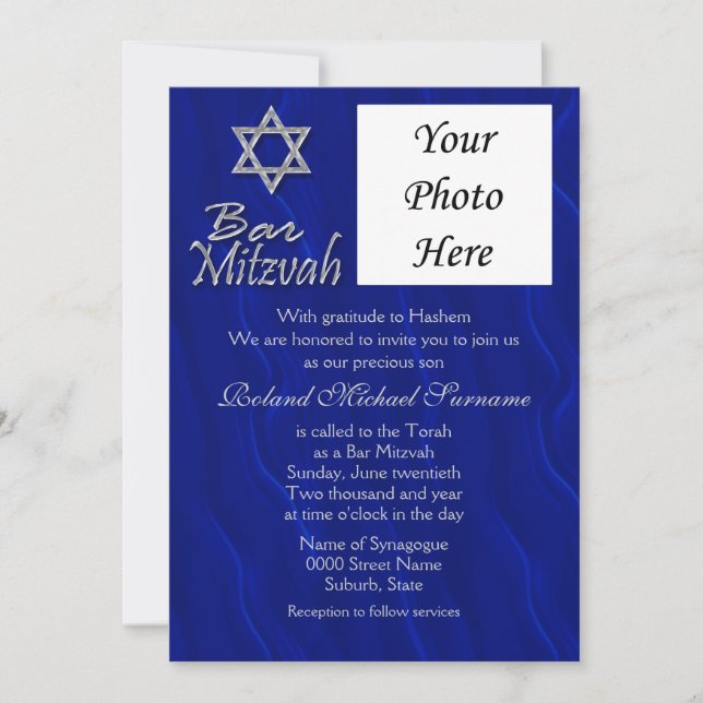 Invitation Bar mitzvah photo bleu argent (Devant)