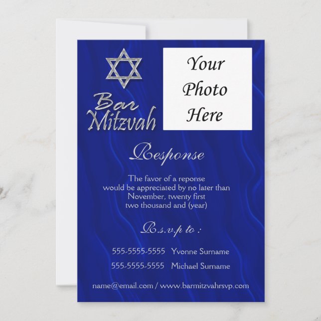 Invitation Bar mitzvah photo bleu argent RESPONSABILITÉ (Devant)