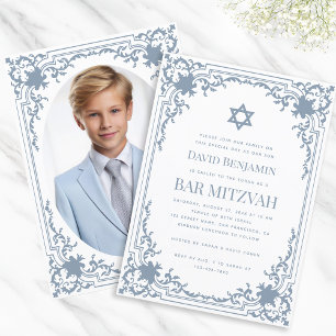 Invitation Bar Mitzvah Photo Bleu Poussiéreux Vintage Étoile 