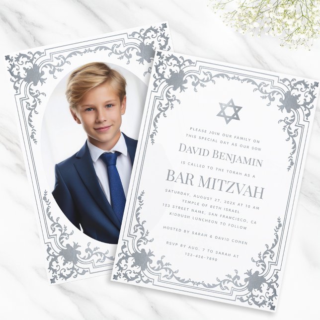 Invitation Bar Mitzvah Photo Faux Silver Star Elégante Ornate (Créateur téléchargé)
