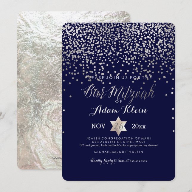 Invitation Bar Mitzvah PixDezines / Confettis Faux Argent (Devant / Derrière)