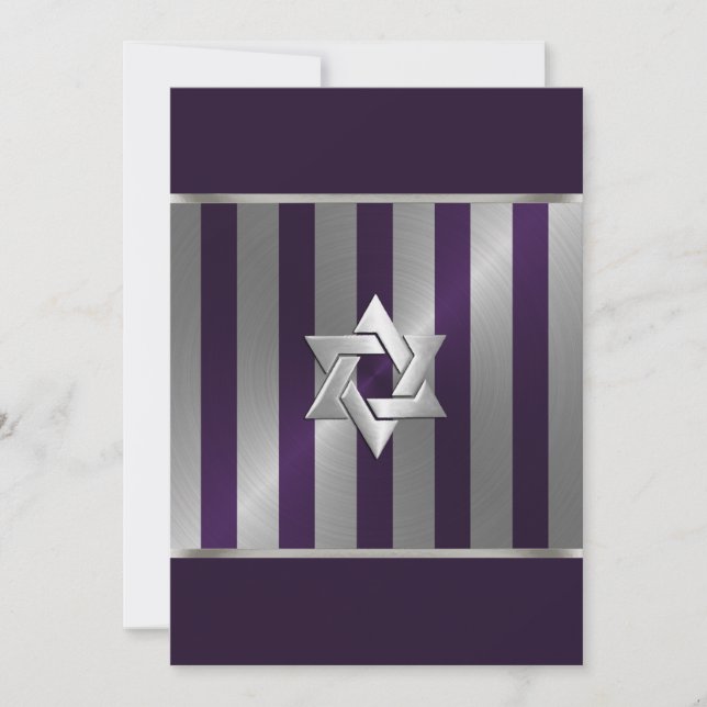 Invitation Bar Mitzvah Plum et Silver Stripe Star de David (Devant)
