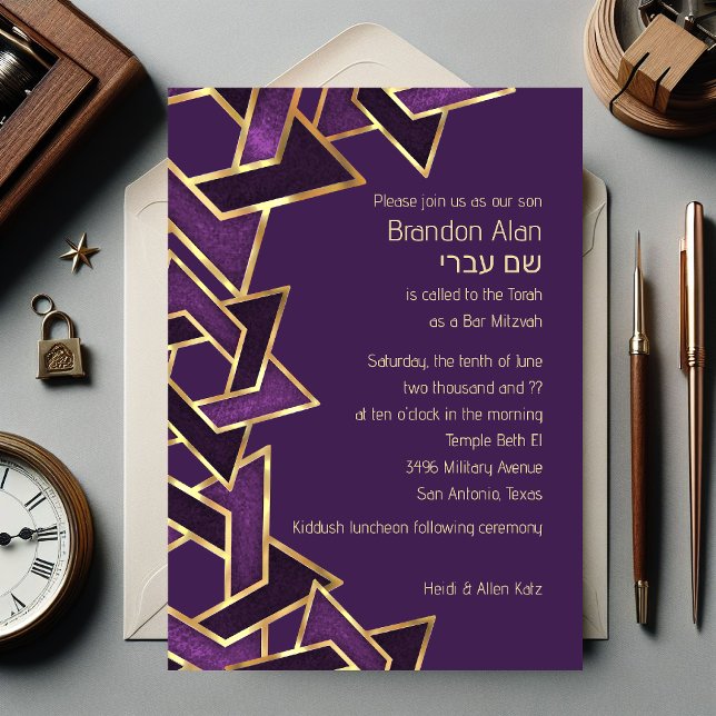 Invitation Bar Mitzvah Plum Purple Gold Star de David (Créateur téléchargé)