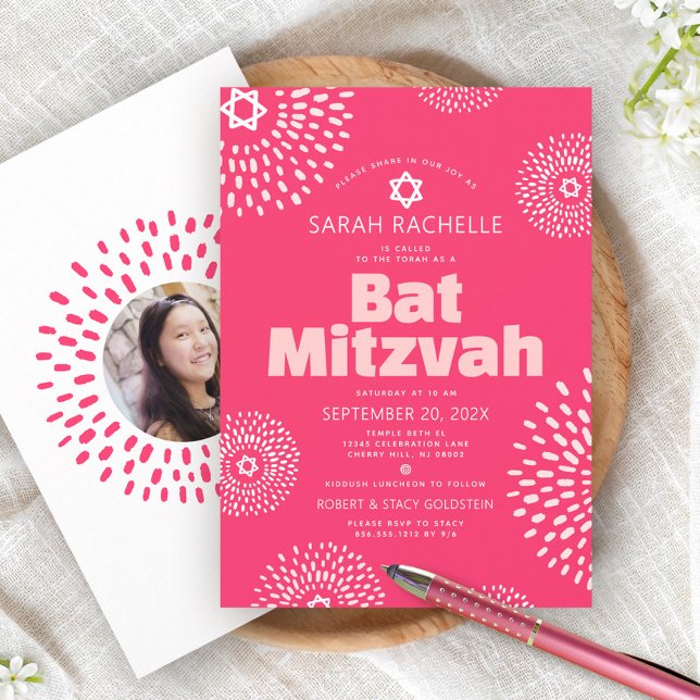 Invitation Bar Mitzvah Rose Corail Photo Éclatement Étoiles A (Créateur téléchargé)