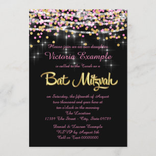 Invitation Bar Mitzvah rose et or à confettis