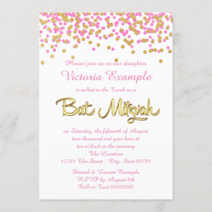 Invitation Bar Mitzvah rose et or à confettis