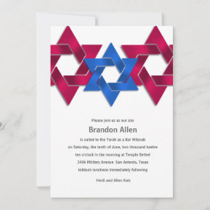 Invitation Bar Mitzvah Rouge Blanc bleu étoile de David
