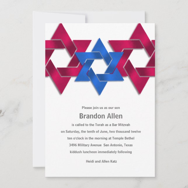Invitation Bar Mitzvah Rouge Blanc bleu étoile de David (Devant)