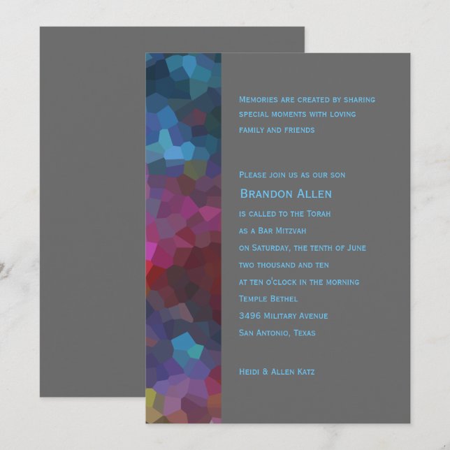 Invitation Bar Mitzvah Rouge violet bleu gris abstrait Design (Devant / Derrière)