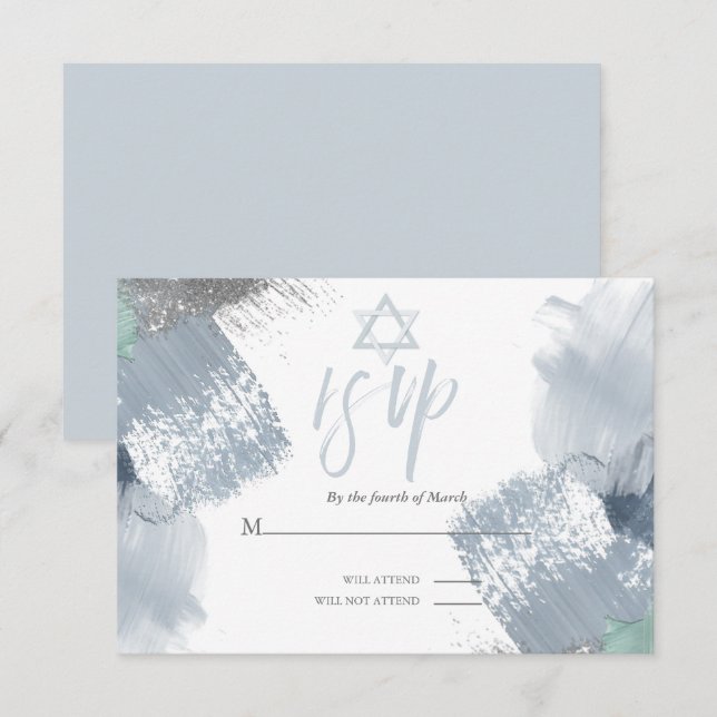 Invitation Bar Mitzvah RSVP Dusty Blue Chic Brushstrokies (Devant / Derrière)