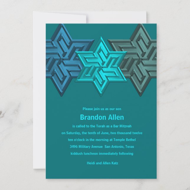 Invitation Bar Mitzvah Shades de Turquoise, Étoile de David (Devant)