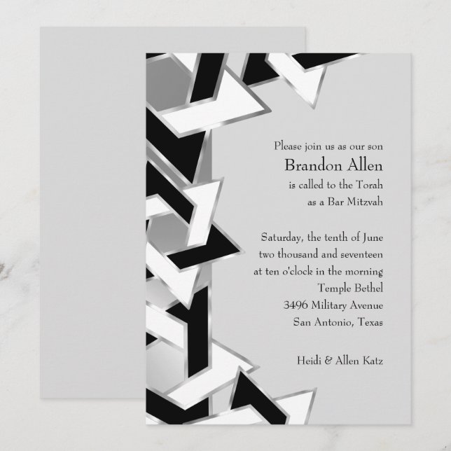 Invitation Bar Mitzvah Silver Black White Star de David (Devant / Derrière)