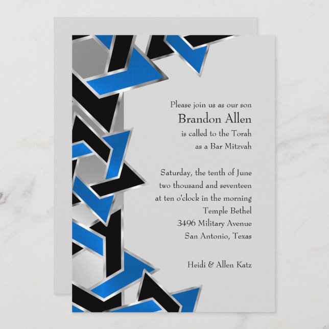 Invitation Bar Mitzvah Silver Blue Black Star de David (Devant / Derrière)