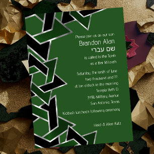 Invitation Bar Mitzvah Silver Green Black Star de David