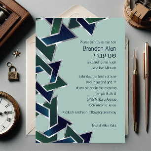 Invitation Bar Mitzvah Silver Navy Blue Green Star de David