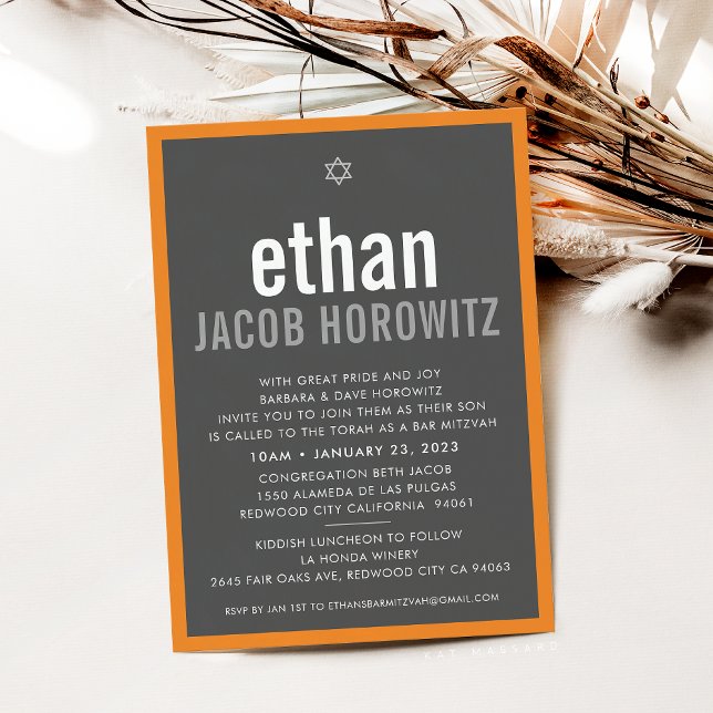Invitation BAR MITZVAH simple étoile moderne nom gris orange (Créateur téléchargé)