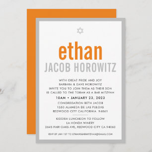 Invitation BAR MITZVAH simple étoile moderne nom orange gris