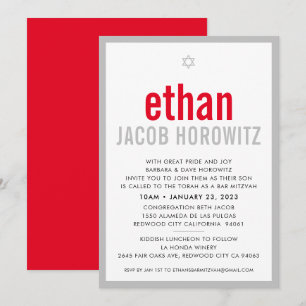 Invitation BAR MITZVAH simple étoile moderne nom rouge gris
