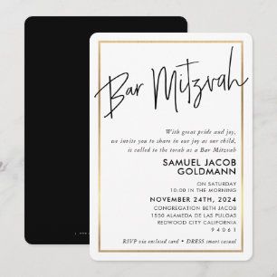 Invitation BAR MITZVAH simple minima moderne cadre en or noir