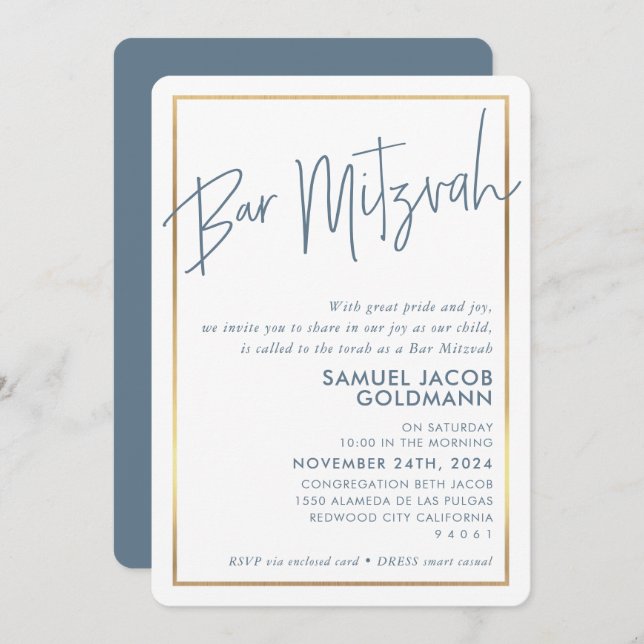 Invitation BAR MITZVAH simple minimum moderne cadre or bleu m (Devant / Derrière)
