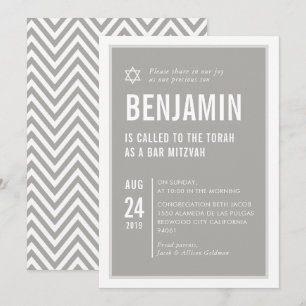 Invitation BAR MITZVAH simple typographie moderne gris blanc