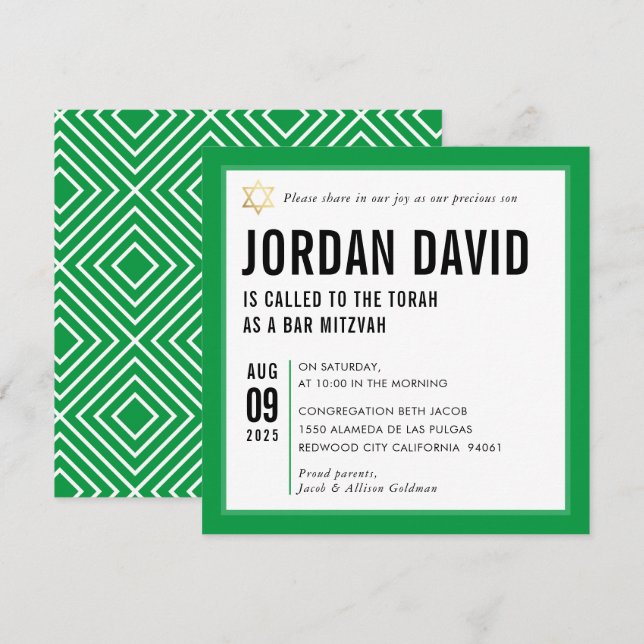 Invitation BAR MITZVAH simple typographie moderne kelly green (Devant / Derrière)
