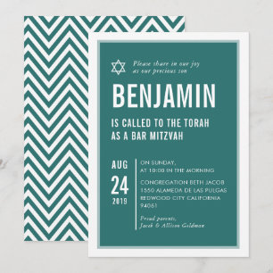 Invitation BAR MITZVAH simple typographie moderne vert blanc