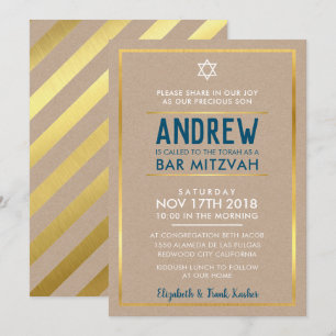 Invitation BAR MITZVAH smart bold type or bleu kraft