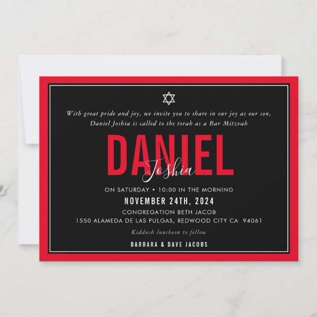 Invitation BAR MITZVAH sport moderne garçon audacieux rouge n (Devant)