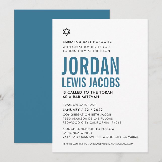 Invitation BAR MITZVAH Star Boy (Devant / Derrière)